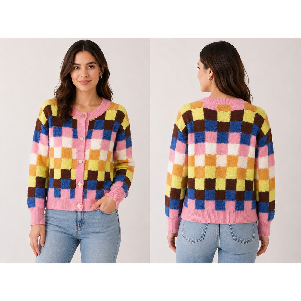 Patchwork Cardigan Sweater Womens Size S Grannycore Knit Colorful Kitsch 80s Y2K